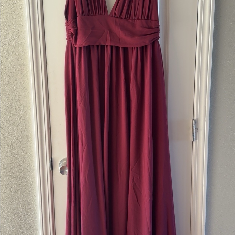 Lulu's Burgundy Ruched Maxi Gown for Wedding Guest